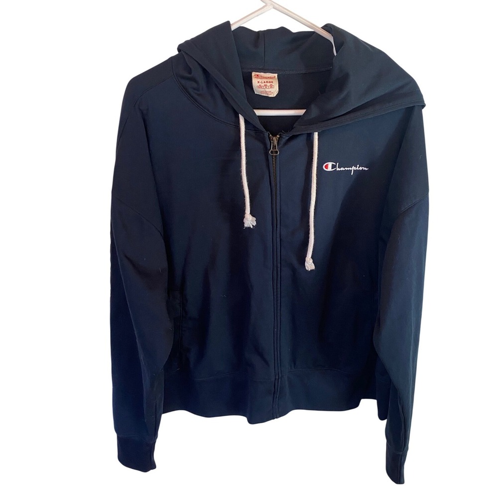 Vintage Champion Women‎ Navy Blue Full Zip Hoodie Logo Tape Athletic Comfort XL
